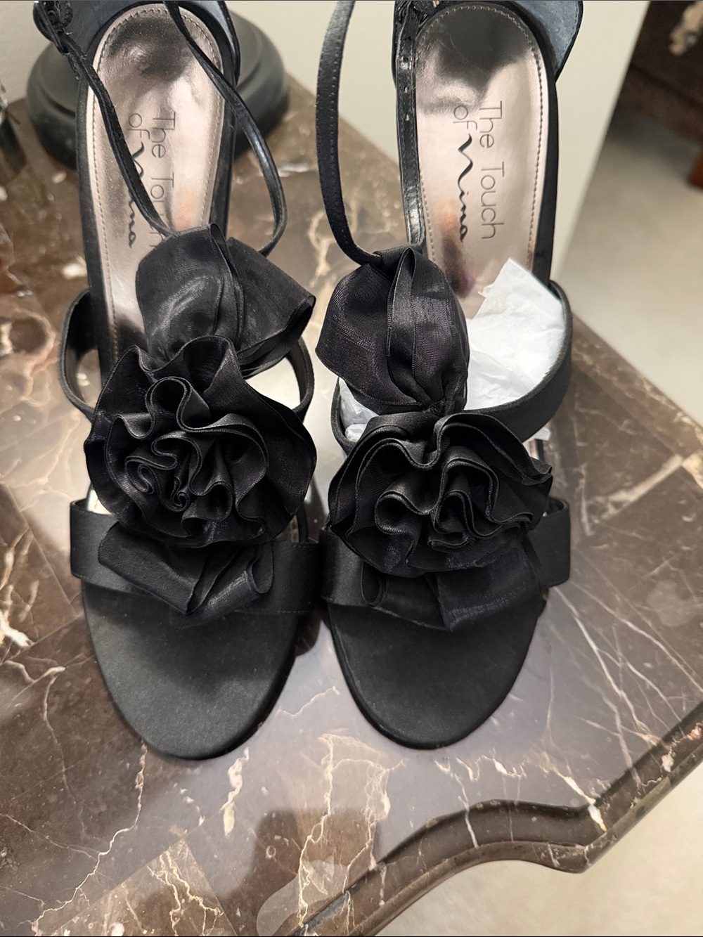 Touch of Nina Black Satin Floral Rosette Strappy Heels